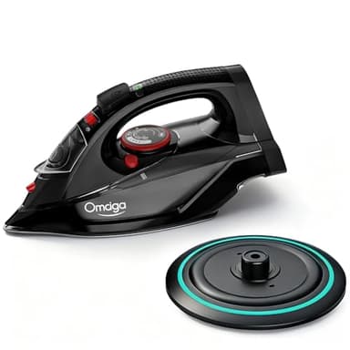 OMAIGA Cordless Iron for Clothes, 1500W Steam Iron Rapid Heating, Ceramic Soleplate, Auto Shut Off, Self-Clean, Anti-Calc, 3 Temperature Settings, 11.84oz Water Tank Ironing Clothes for Home, Black