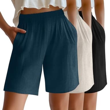 Riyiper 3 Pack Women's Linen Shorts Elastic High Waist Bermuda Wide Leg Summer Casual Lounge Short with Pockets(Haze Blue, Linen, Black,Medium)