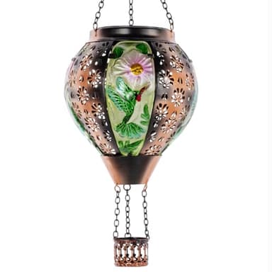 DREAMSOUL Hummingbird Hot Air Balloon Solar Lantern, Metal & Glass Flickering Flame Light Solar Lantern, Hanging Waterproof Solar Lanterns Outdoor for Garden Patio Tree Decoration