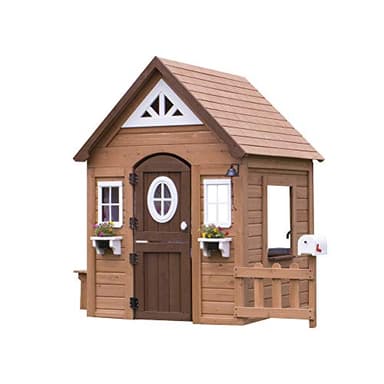 Backyard Discovery Aspen Cedar Wooden Kids Playhouse Cottage with Play Kitchen, Snack Bar, Picnic Bench, Dinner Bell, Mailbox, Dutch Door, Flowerpot Holders, Toy Lights, Country Style for Outdoor Play