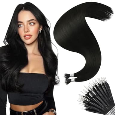 Moresoo Nano Bead Hair Extensions Human Hair Jet Black Long Straight Nano Ring Hair Extensions Human Hair Black Invisible Micro Ring Extensions Add Length or Volume 50s/50g 18 inch