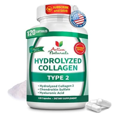 Activa Naturals Collagen Type 2 Hydrolyzed Supplement with Chondroitin and Hyaluronic, for Healthy Hair, Skin, and Nails, No Fillers, Additives, and No Artificial Colors - 120 Vegetarian Capsules
