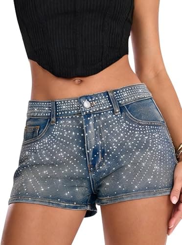 SOFIA'S CHOICE Women's Rhinestone Jean Shorts Sparkle Shiny Denim Shorts with Pockets Party Club Outfits Blue Large