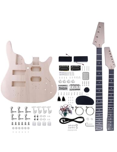 Fistrock Double Neck DIY Electric Guitar and Bass Kit 6 String and 4 String Guitar Kit with Basswood Body Hard Maple Neck Engineered Fretboard Chrome Hardware Build Your Own Bass and Guitar.