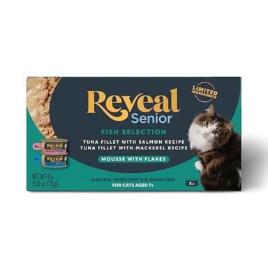 Reveal Natural Wet Senior Cat Food Flakes, Limited Ingredient, Grain-Free with High Protein with No Artificial Additives, Tuna Fillet Flakes in Mousse (8 x 2.47 oz Cans)