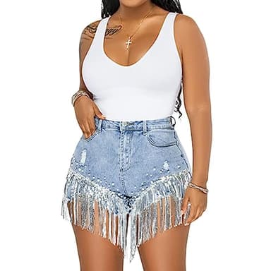 Women High Waist Denim Short Bling Tassel Rhinestone Pearl Beaded Summer Frayed Raw Hem Jean Shorts