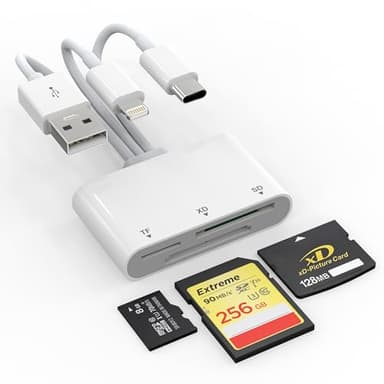 XD Card Reader, SD Card Reader for iPhone, 3 in 1 SD/TF/XD Card Reader Adapter for iPhone/USB C Device, Lightning+USB A+USB C XD Picture Card Adapter for iPhone 16/15/14/iPad/PC/Android