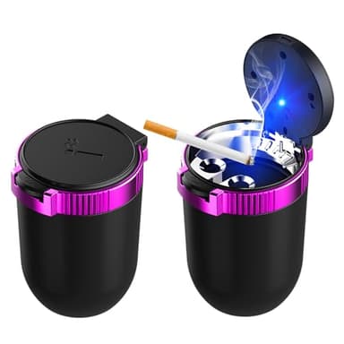 Ohleats 2 PCS Car Ashtray with Lid, Detachable Stainless Steel Ash Tray with LED Blue Light, Portable Mini Vehicle Cup Holder Trash Can Smell Proof Ashtray Cup, Universal Car Accessories (Purple)