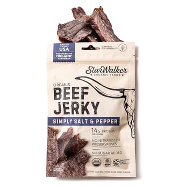 StarWalker Organic Farms Simply Salt and Pepper Beef Jerky – Organic, Regenerative Organic Certified®, 42g Protein, No Nitrates, No Preservatives, Grass-fed, 3 oz