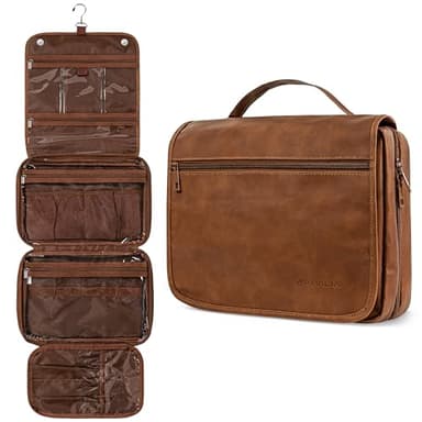 PAVILIA Hanging Toiletry Bag Women Men, Foldable Cosmetic Organizer Travel Bag, Water Resistant Makeup Bag Toiletries, Large Travel Essentials Kit (Brown)
