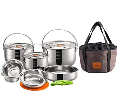CAMPINGMOON 16PCS Camping Cookware Set Stainless Steel Outdoor Nesting Cooking Mess Kit Pots Pans Bowls with Storage Carrying Tote Bag MC240