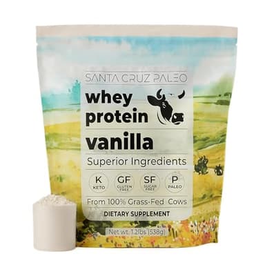 Santa Cruz Paleo Whey Protein Powder, Vanilla Flavor, 20 G Grass Fed Whey Protein Isolate Per Serving, Gluten Free, Paleo & Keto Friendly, No Sugar Added, Protein Shake Mix, 20 Servings, 1.2 lb Bag