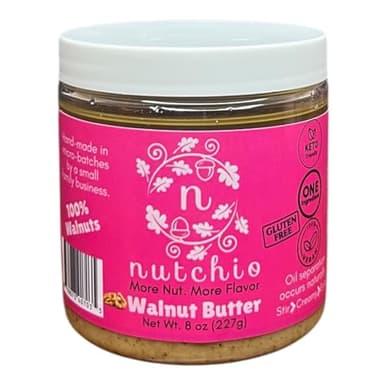 Nutchio Walnut Butter 8 oz – 100% Roasted Walnuts, Smooth Natural Spread | Keto, Vegan, Gluten-Free Nut Butter | No Added Sugar, No Oils, No Preservatives