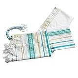 Jewish Tallit Prayer Shawl Scarf Teal, Silver & Gold Tzitzit w/Bag Pouch for Men Women Bar Mitzvah Gift Star of David Pomegranates and Menorah from Israel Christian 72 x 22"