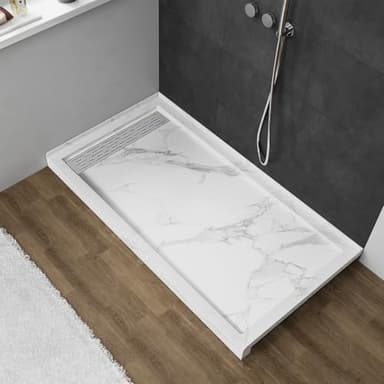 MORVANO 60 x 32 Shower Base with Single Threshold Rectangular Left Drain Location Shower Base,Shower Pan With Stainess Steel Cover,Marble White Acrylic Shower Base