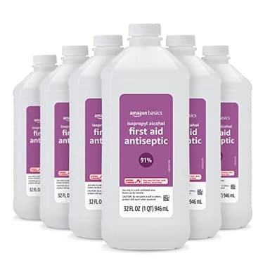 Amazon Basics Isopropyl Alcohol 91% First Aid Antiseptic for Minor Cuts, Scrapes and Burns, Multipurpose Disinfectant, Unscented, 32 fl oz, Pack of 6 (Previously Solimo)