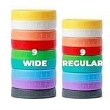 Bedgeta 18 Pack 9 Wide Mouth & 9 Regular Mouth Mason Jar Lids with Silicone Rings,Thickened Leak-proof Lids Fit Ball,Kerr and More, 18 Color Plastic Lids, 86mm &70mm Plastic Mason Jar Lids
