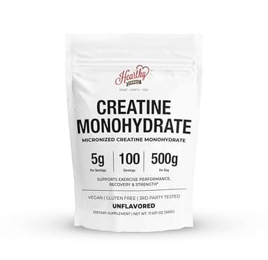 HEARTHY FOODS Creatine Monohydrate Micronized Powder 500G - 100 Servings, 5000mg Per Serving (5g) - 17.9 Oz for Men & Women Muscle Growth & Recovery - UNFLAVORED