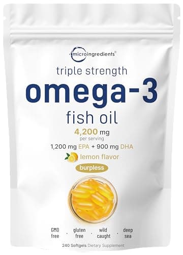 Micro Ingredients Triple Strength Omega 3 Fish Oil Supplements 4200mg Per Serving, 240 Softgels – Lemon Flavored – Burpless | EPA 1200mg + DHA 900mg | Deep Sea Fish