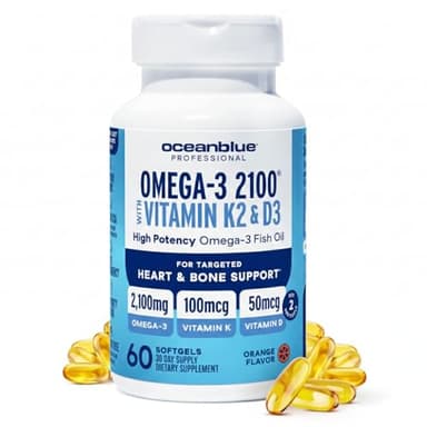 Oceanblue Professional Omega-3 2100 with Vitamin K2 and Vitamin D3-60 Count - Triple Strength Burpless Fish Oil Omega-3 Supplement with EPA, DHA & DPA - Wild Caught - Orange Flavor, 30 Servings