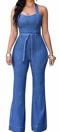 Sexyshine Women's Halter Lace Up Denim Jumpsuit Backless Wide Leg Long Pant Playsuit Rompers With Belt(11268BE,L)