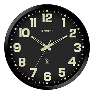 Sharp Glow in The Dark Atomic Analog Wall Clock - 12" Clock with Black Frame - Sets Automatically - Battery Operated - Easy to Read - Easy to Use – See Day or Night!
