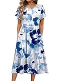 HOTOUCH Women's Dresses Petite Dresses T Shirt Floral Dress Summer Dress with Sleeves Cotton Midi A-Line Dress Hawaiian Dresses,Large Blue-tie Dye
