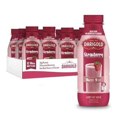 Darigold 1 Percent Milk, Reduced Fat Shelf Stable Milk with 9 Essential Nutrients, 16g Protein, rsBT Free - 14oz, 12 Pack (Strawberry)