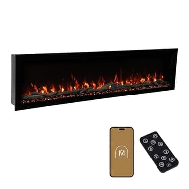 Modern Ember Highmark 84 Inch Smart Linear Electric Fireplace - Premium Flame with 10 Colors, Sleek Hidden Vent Design, Install Recessed in-Wall or Wall-Mount, WiFi Enabled.