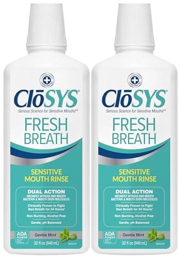 CloSYS Mouthwash, 32 Ounce, 2 Count, Fresh Breath Mouthwash, Gentle Mint, Alcohol Free, Dye Free, pH Balanced Mouth Wash, Helps Soothe Entire Mouth, Fights Bad Breath