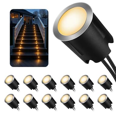 LED Recessed Deck Lights with Protecting Shell, IP68 Waterproof Warm White, 0.6W , Outdoor Landscape Lighting, 12V Low Voltage Deck Lights Kit for Garden Yard Step Riser Stair Decoration, 12 Pack