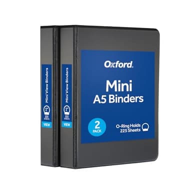 Oxford Mini View Binders, 1" Round Rings, Small Binders for School or Office, Holds A5 Size Paper, 2 Clear Pockets, PVC-Free, Non-Stick, 5.5 x 8.5 inches, Holds 225 Sheets, Black, 2 Pack (1017044)