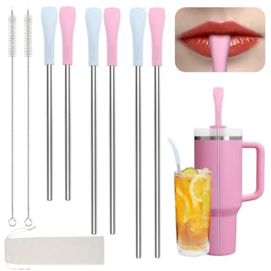 OUTXE Anti Wrinkle Straw 6 Pcs, Flat Wide Drinking Straw for Stanley Cup 40 oz 30 oz, Reusable Wrinkle Free Long Stainless Steel Metal Straw for Lip with Cleaning Brush and Carrying Bag