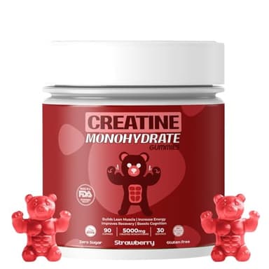Big Bear Bites Creatine Monohydrate Gummies for Men & Women | 5000mg of Creatine Gummies per Serving | Sugar, Gluten Free & Halal | Pack of 90 for Pre Workout & Muscle Support | Strawberry Flavor
