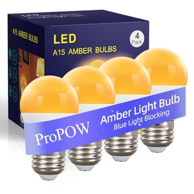 ProPOW 1800K Amber Sleep Light Bulbs - Blue Light Blocking, Dimmable A15 E26 LED Bulbs (3W, 25W Eqv) for Healthy Sleep, Bedroom & Nursery, 4 Pack