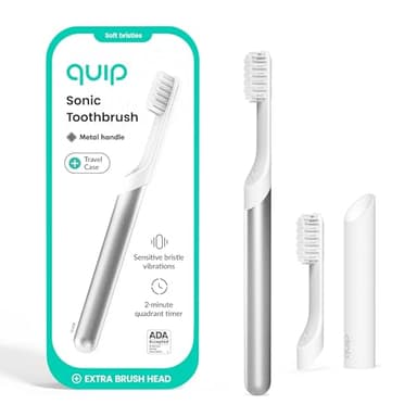 Quip Metal Sonic Electric Toothbrush for Adults - Time Travel & Soft Bristles with Travel Case & Replacement Brush Head - 3 Month Battery Life - Silver