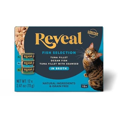 Reveal Natural Wet Canned Cat Food, 3-Flavor Variety Pack, Limited Ingredient, Grain-Free, High Protein with No Artificial Additives, Fish Variety in Broth (12 x 2.47 oz Cans)