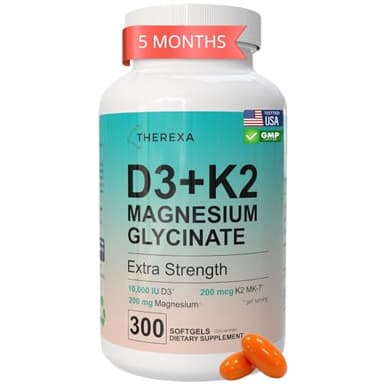 THEREXA Vitamin D3 K2 Magnesium Supplement - Extra Strength with 10000 IU Vitamin D3, Magnesium Glycinate and 200 mcg K2 MK-7 Vitamin Supplements Complex, for Women & Men - 300 Softgels