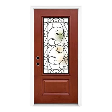 36'' x 80" Classic Fiberglass Exterior Door with Decorative Wrought Iron Frosted Glass Panel, Mahogany-Stained Surface Entry Door with 3/4 Lite Glass, White Vinyl Frame (Red-01, Right Hand Inswing)