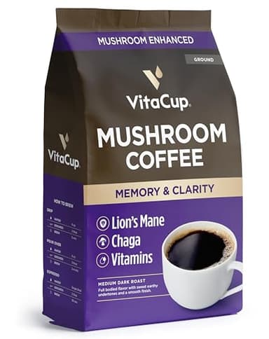VitaCup Mushroom Coffee Grounds, with Lions Mane, Chaga, B Vitamins, D3, Boost Focus, Immunity, Memory & Clarity, Medium Dark Roast, Bold & Smooth 100% Arabica Specialty, 10 Oz