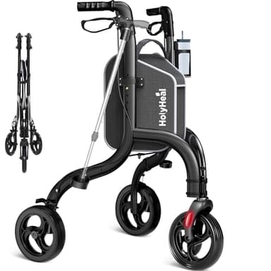 HolyHeal 3 Wheel Walkers for Seniors, Lightweight Rollator Walkers Foldable for Elderly with Cane Hold and Cup Hold, Height Adjustable Aluminum Three Wheel Rolling Walker Mobility Aid, Black