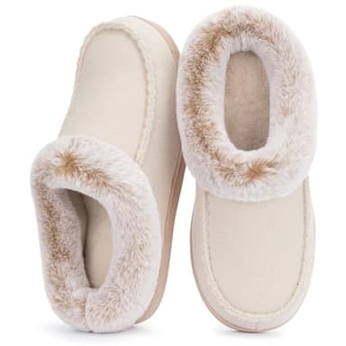 ULTRAIDEAS Women's Memory Foam House Slippers with Hard Bottom, Fur Lined House Shoes with Non-Slip Rubber Sole for Indoor & Outdoor(Beige,9-10)