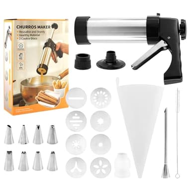 Stainless Steel Churro Maker Machine with 8 Discs Nozzles and 8 Piping Tips Cleaning Brush & Filling Piping Bag,maquina Para Hacer Churro cookie press