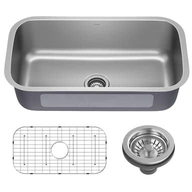 KRAUS Premier 32 3/8 inch Undermount Single Bowl 18-Gauge Stainless Steel Kitchen Sink with Bottom Grid and Strainer, KBU44