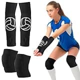 Volleyball Knee Pads and Volleyball Arm Sleeves Volleyball Pad Volleyball Accessories Stuff Forearm Elbow Sleeve with Protection Pad Thumb Hole for Girl Women Teen Boy, Age 8-14 (Classic, 2 Pairs)