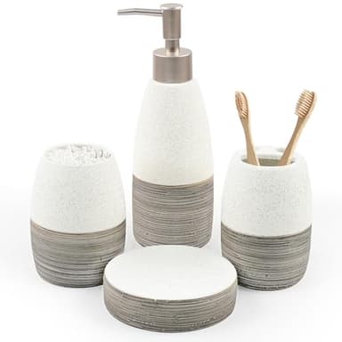 CERBIOR Bathroom Accessories Set,4 Pcs Ceramic Bathroom Decor Accessory,Includes Toothbrush Holder, Toothbrush Cup, Soap Dish for Decorative Countertop and Housewarming Gift, (Grey White)