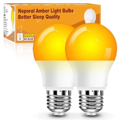 Neporal A15 Amber LED Light Bulb 1800K, True Blue Light Blocking Sleep Aid Bulb for Bedroom Nursery, 7W Replacement for 40W, Soft Warm Glow to Protect Melatonin, E26 Base (2, Amber)