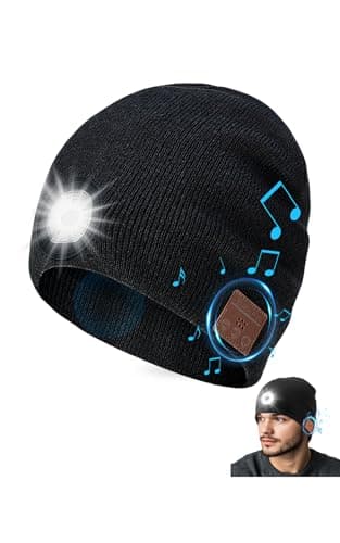 TOUCH TWO Bluetooth Beanie Hat with LED Light Wireless Musical Knitted Cap with Headphone Stereo Speakers & Mic for Running Hiking Jogging Black