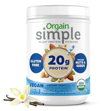 Orgain Organic Simple Vegan Protein Powder, Vanilla - 20g Plant Based Protein, Made with less Ingredients, No Artificial Sweeteners, Gluten Free, No Dairy or Lactose, 1.25 lb (Packaging May Vary)