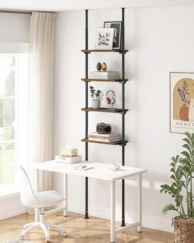 ALLZONE Adjustable Tall Narrow Bookshelf for Bedroom, 4-Tier Ladder Bookcase for Small Spaces, Tension Mount Tall Skinny Book Shelf with Open Storage, 64 to 113Inch Height